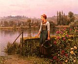 River Canvas Paintings - A Woman with a Watering Can by the River